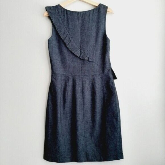 ALLEN B. / Linen & Cotton Blend Herringbone Pattern Dress Navy Blue Sz 10 - Picture 7 of 9
